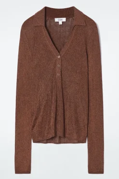 Sale COS SPARKLY RIBBED-KNIT POLO SHIRT MAHOGANY