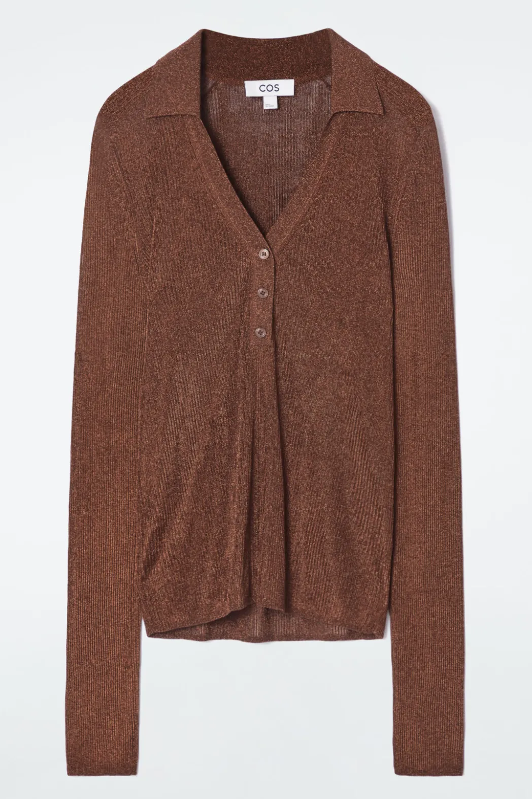 Sale COS SPARKLY RIBBED-KNIT POLO SHIRT MAHOGANY