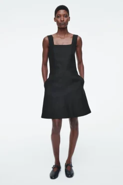Discount COS SQUARE-NECK MINI PINAFORE DRESS BLACK