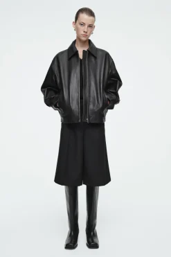 New COS SQUARE-TOE LEATHER KNEE-HIGH BOOTS BLACK