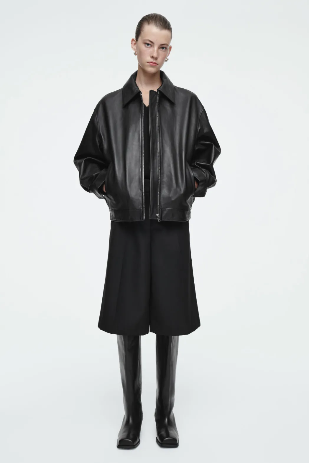 New COS SQUARE-TOE LEATHER KNEE-HIGH BOOTS BLACK