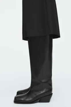 New COS SQUARE-TOE LEATHER KNEE-HIGH BOOTS BLACK