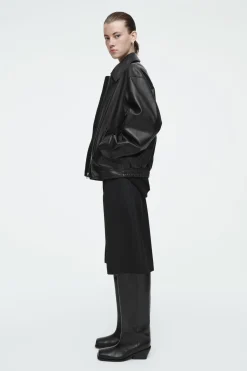 New COS SQUARE-TOE LEATHER KNEE-HIGH BOOTS BLACK