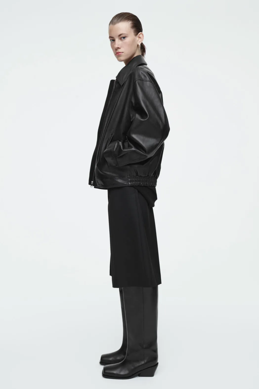 New COS SQUARE-TOE LEATHER KNEE-HIGH BOOTS BLACK