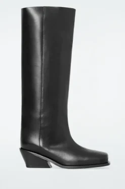 New COS SQUARE-TOE LEATHER KNEE-HIGH BOOTS BLACK