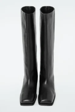 New COS SQUARE-TOE LEATHER KNEE-HIGH BOOTS BLACK