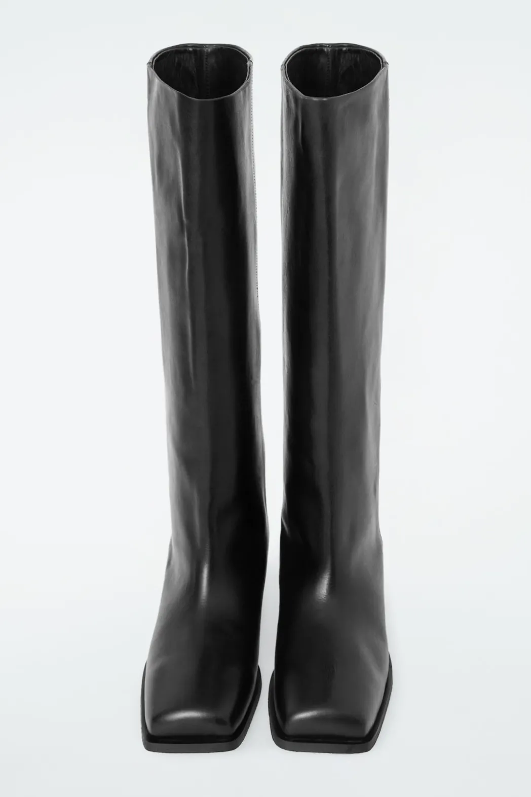 New COS SQUARE-TOE LEATHER KNEE-HIGH BOOTS BLACK