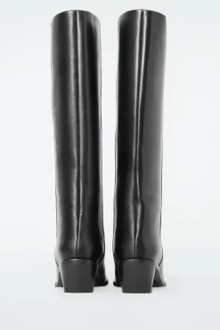 New COS SQUARE-TOE LEATHER KNEE-HIGH BOOTS BLACK