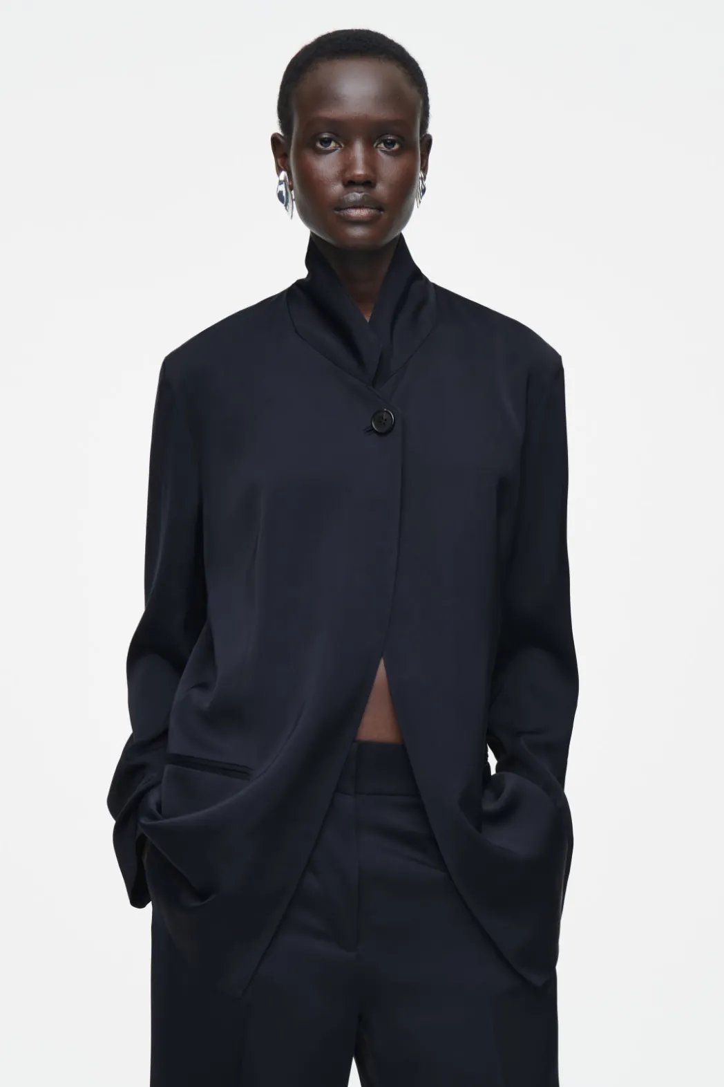 Hot COS STAND-COLLAR SATIN TUXEDO BLAZER NAVY