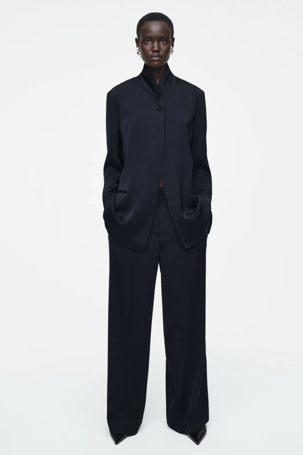 Hot COS STAND-COLLAR SATIN TUXEDO BLAZER NAVY