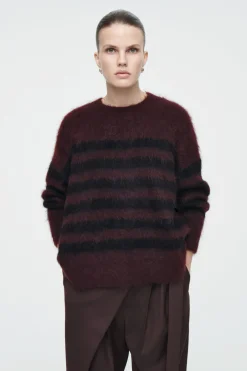 Outlet COS STRIPED BRUSHED-MOHAIR CREW-NECK SWEATER BLACK / BURGUNDY / STRIPED