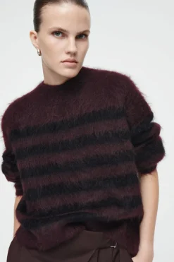 Outlet COS STRIPED BRUSHED-MOHAIR CREW-NECK SWEATER BLACK / BURGUNDY / STRIPED