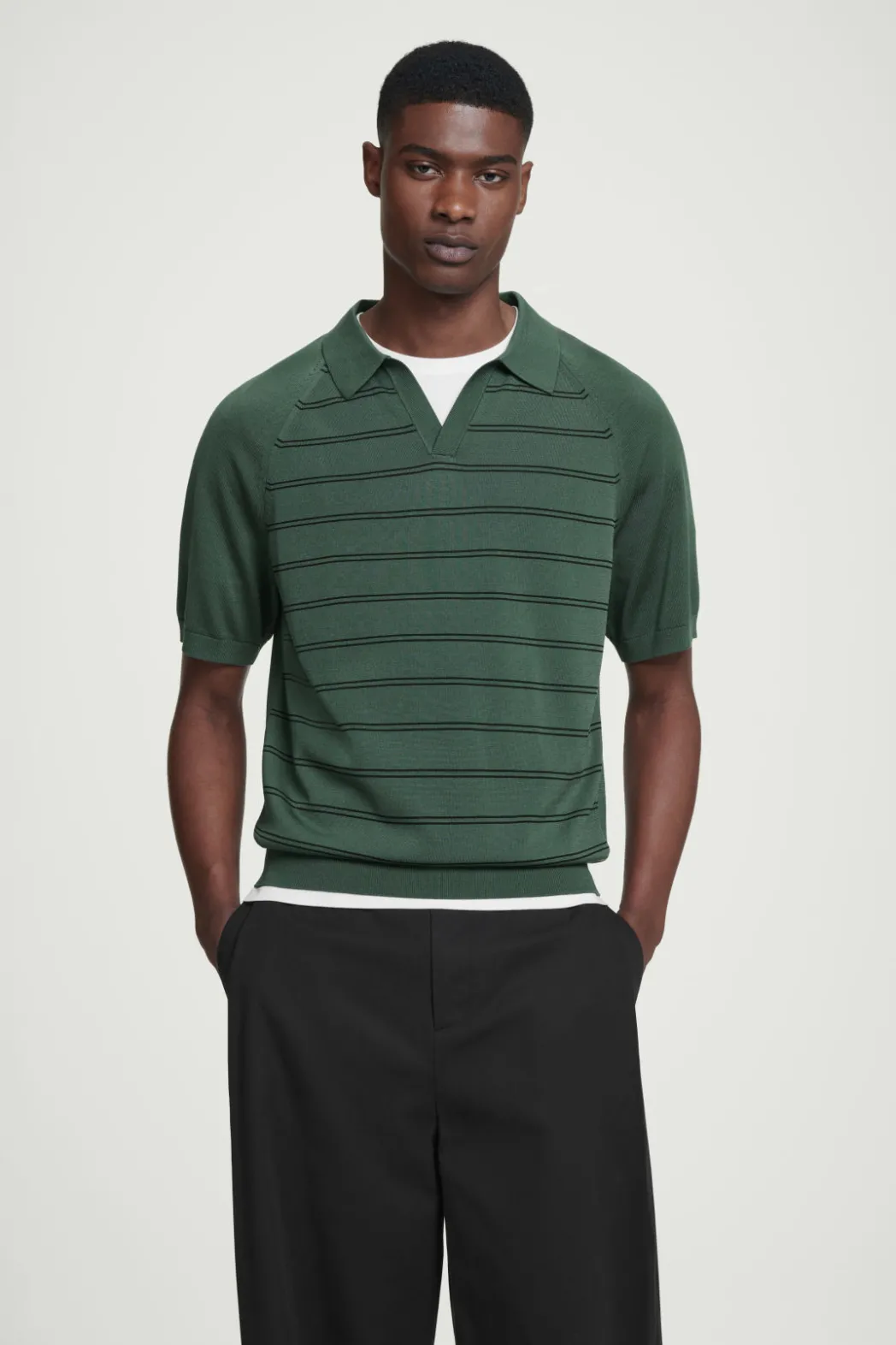 New COS STRIPED KNITTED POLO SHIRT GREEN