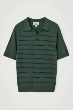 New COS STRIPED KNITTED POLO SHIRT GREEN