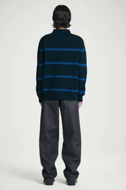 Discount COS STRIPED KNITTED POLO SHIRT NAVY / STRIPED