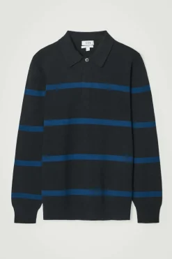 Discount COS STRIPED KNITTED POLO SHIRT NAVY / STRIPED