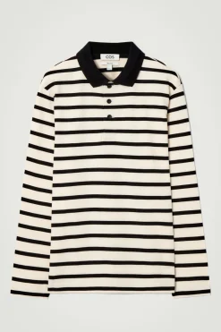 Outlet COS STRIPED LONG-SLEEVED POLO SHIRT ECRU / BLACK