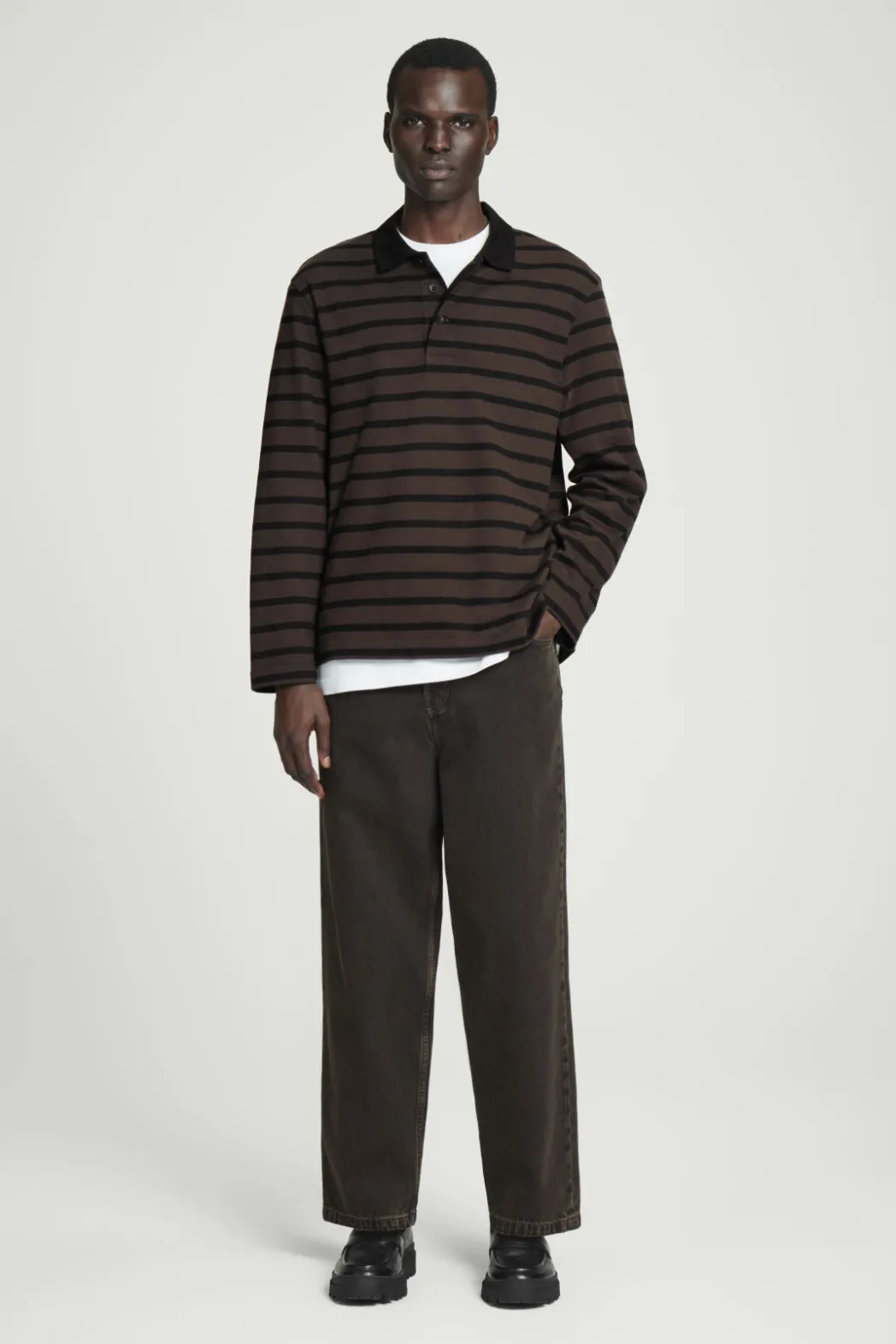 Clearance COS STRIPED LONG-SLEEVED POLO SHIRT BROWN / BLACK