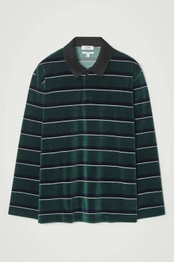 Best COS STRIPED VELVET LONG-SLEEVED POLO SHIRT EMERALD / STRIPED