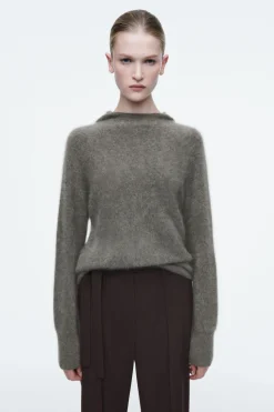 New COS TEXTURED PURE CASHMERE HOODIE GREEN-GRAY