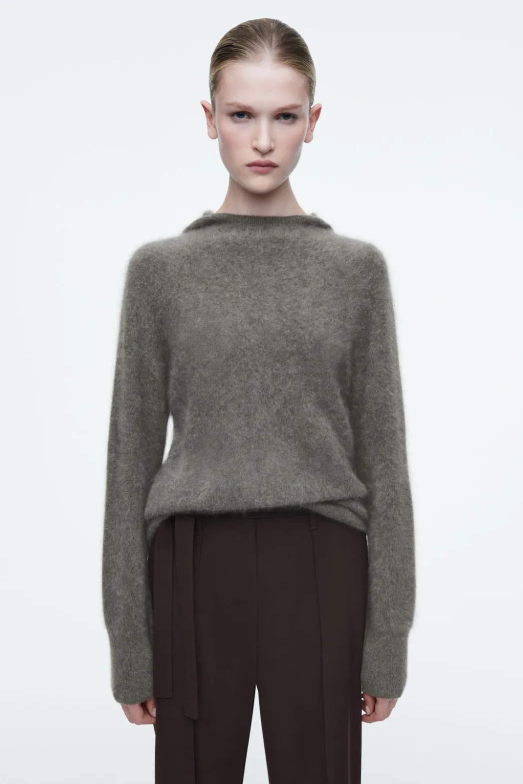 New COS TEXTURED PURE CASHMERE HOODIE GREEN-GRAY