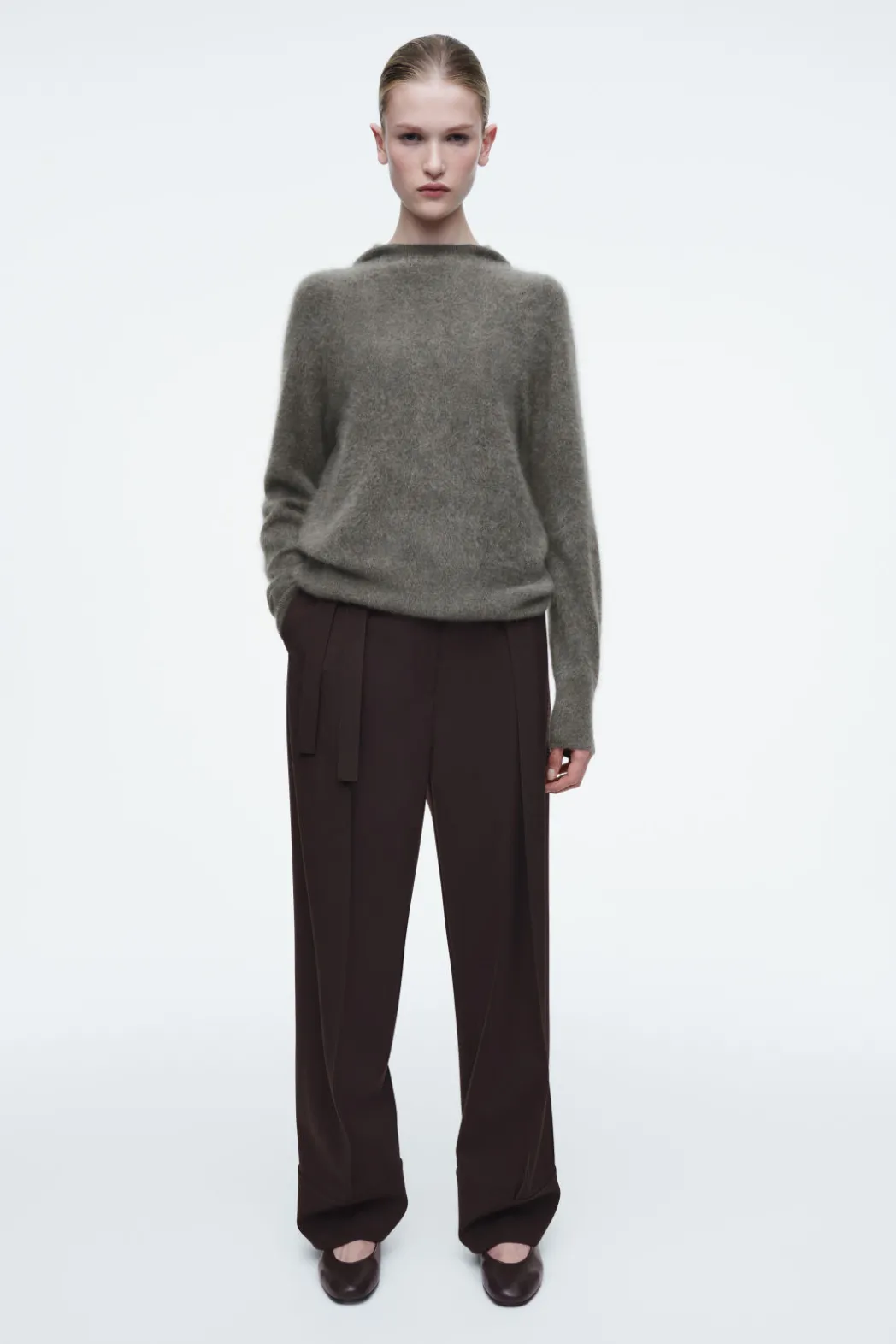 New COS TEXTURED PURE CASHMERE HOODIE GREEN-GRAY