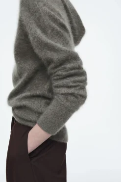 New COS TEXTURED PURE CASHMERE HOODIE GREEN-GRAY