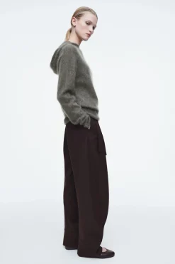 New COS TEXTURED PURE CASHMERE HOODIE GREEN-GRAY