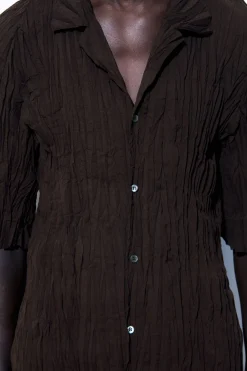 Discount COS THE CRINKLED WOOL RESORT SHIRT DARK BROWN