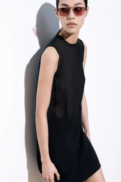 New COS THE SHEER-PANEL SILK SHIFT DRESS BLACK