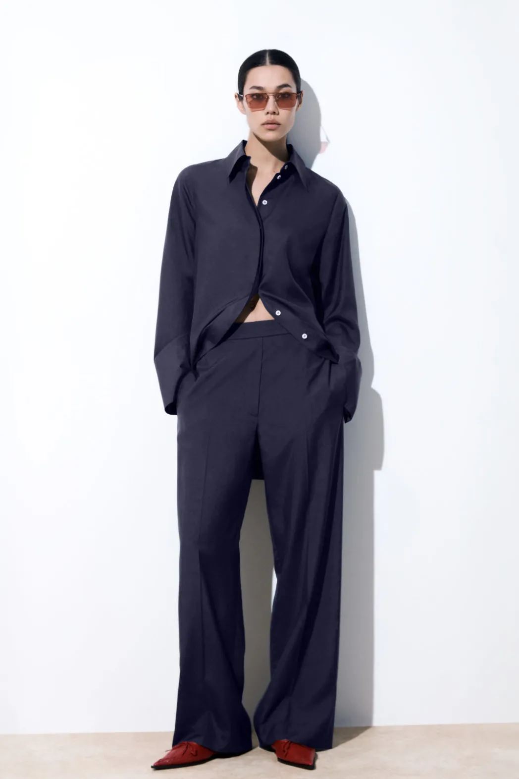 New COS THE STRAIGHT-LEG SILK PANTS NAVY