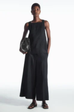 Discount COS TIE-BACK LINEN TOP NAVY
