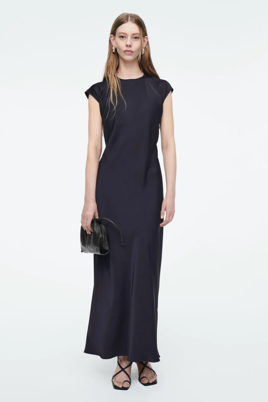 COS TIE-DETAIL SATIN MIDI DRESS NAVY