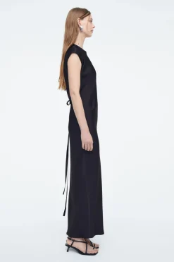 COS TIE-DETAIL SATIN MIDI DRESS NAVY