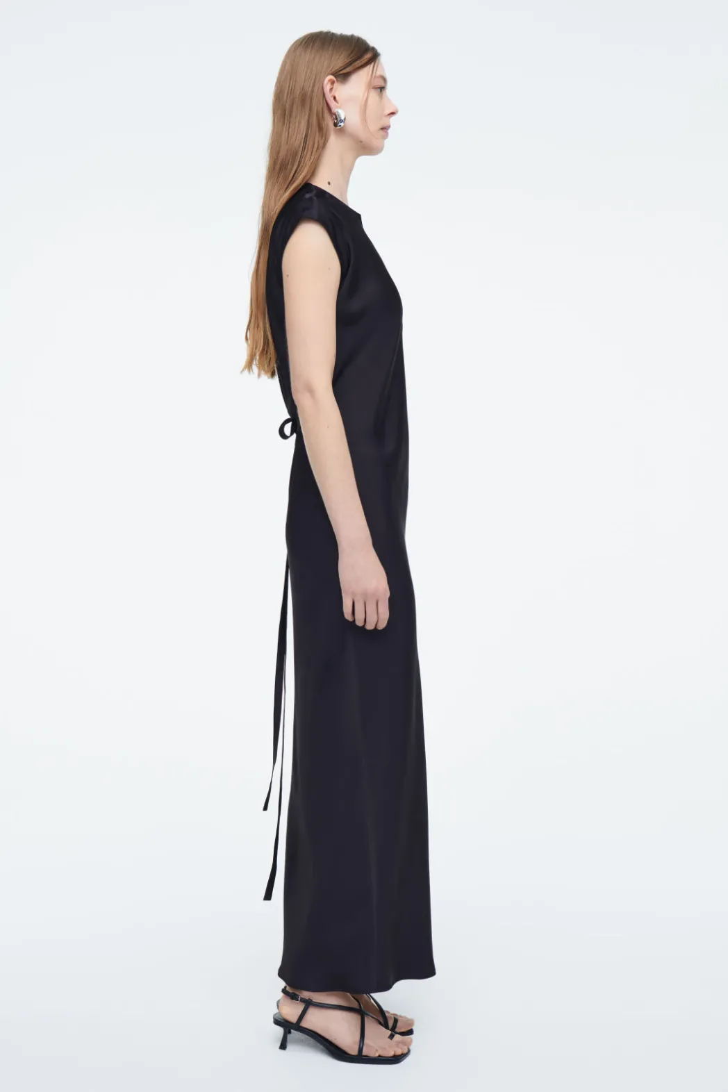 COS TIE-DETAIL SATIN MIDI DRESS NAVY