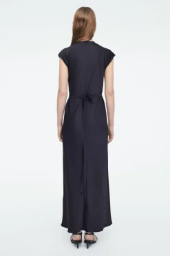 COS TIE-DETAIL SATIN MIDI DRESS NAVY