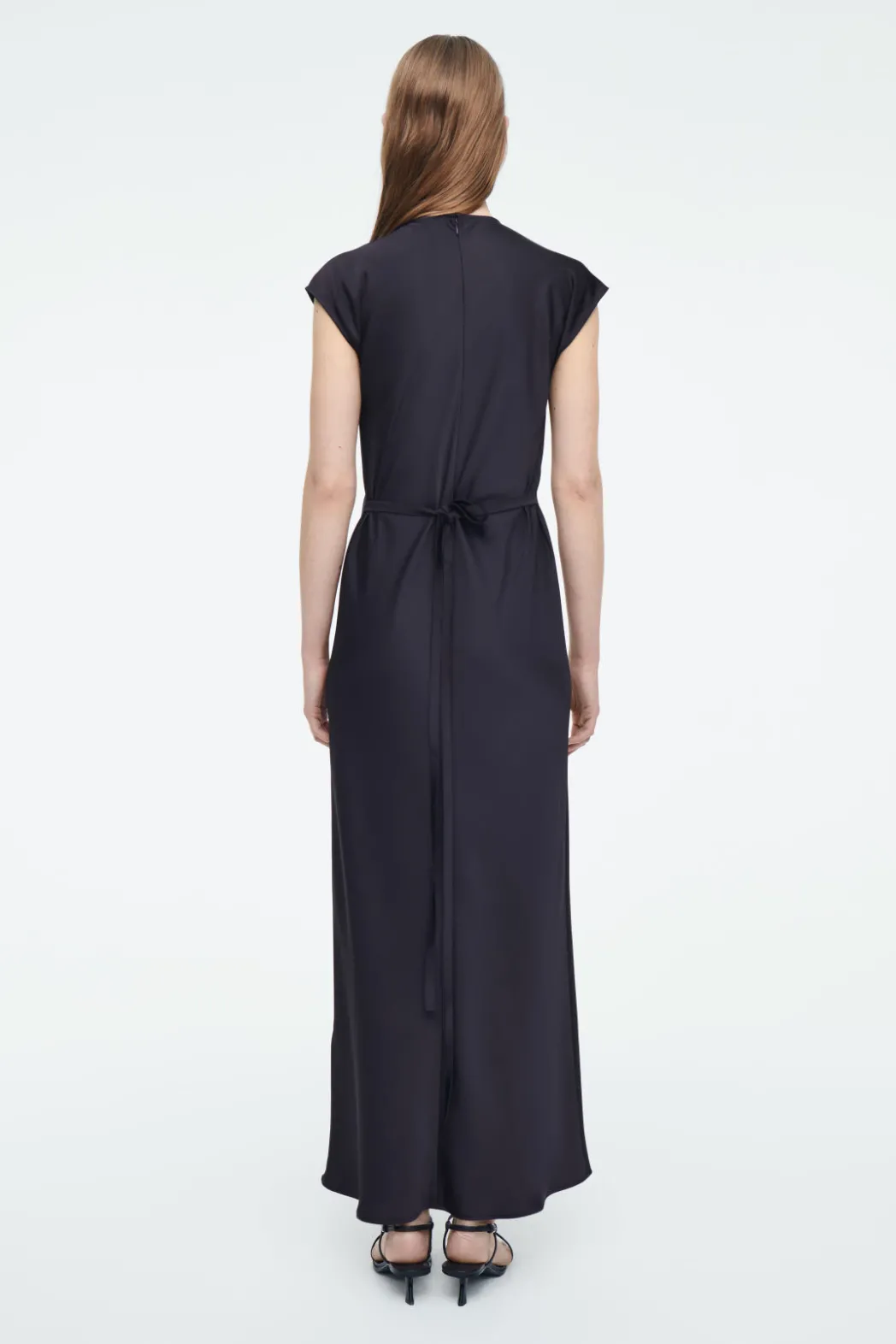 COS TIE-DETAIL SATIN MIDI DRESS NAVY