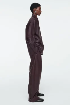 New COS TOPSTITCHED LEATHER SHIRT BORDEAUX