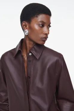 New COS TOPSTITCHED LEATHER SHIRT BORDEAUX