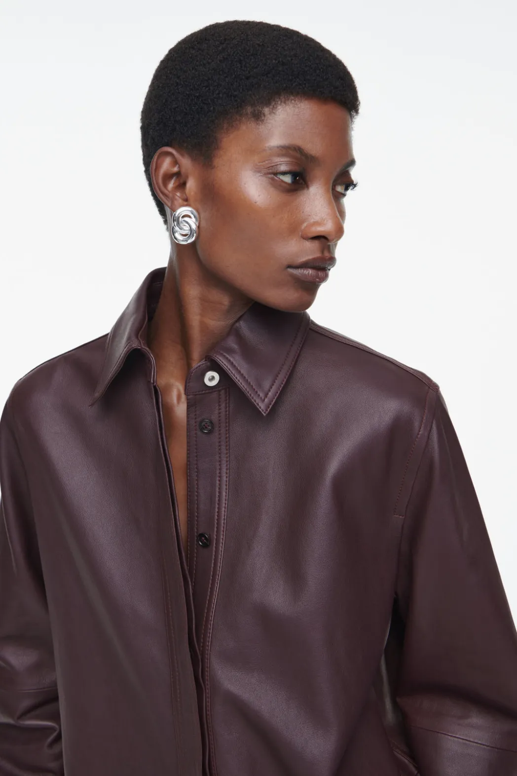 New COS TOPSTITCHED LEATHER SHIRT BORDEAUX