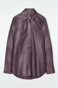New COS TOPSTITCHED LEATHER SHIRT BORDEAUX
