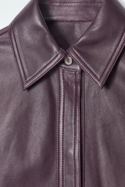 New COS TOPSTITCHED LEATHER SHIRT BORDEAUX