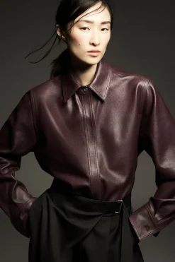 New COS TOPSTITCHED LEATHER SHIRT BORDEAUX
