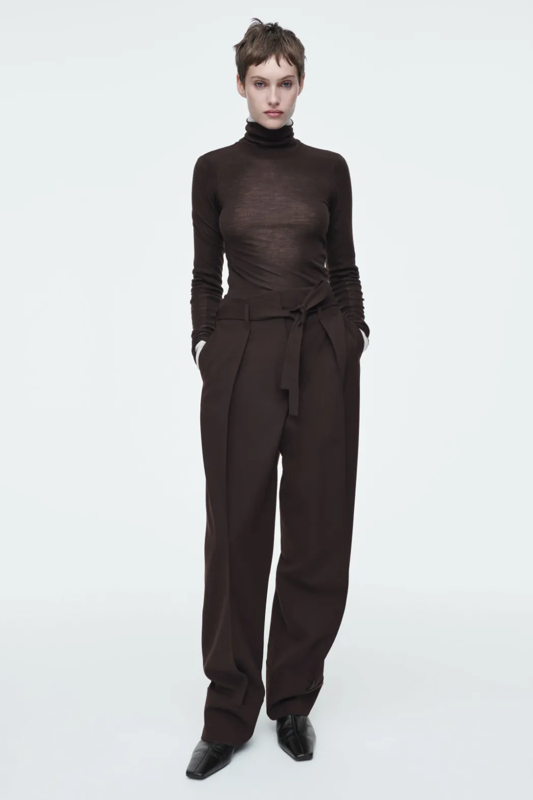 Discount COS TURN-UP WOOL-BLEND PANTS DARK BROWN