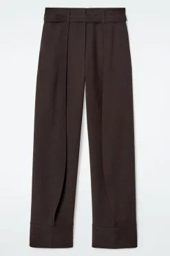 Discount COS TURN-UP WOOL-BLEND PANTS DARK BROWN