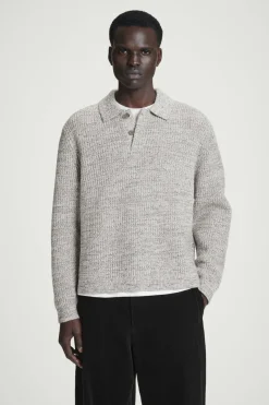 New COS TWISTED-YARN WOOL POLO SWEATER GRAY MÉLANGE