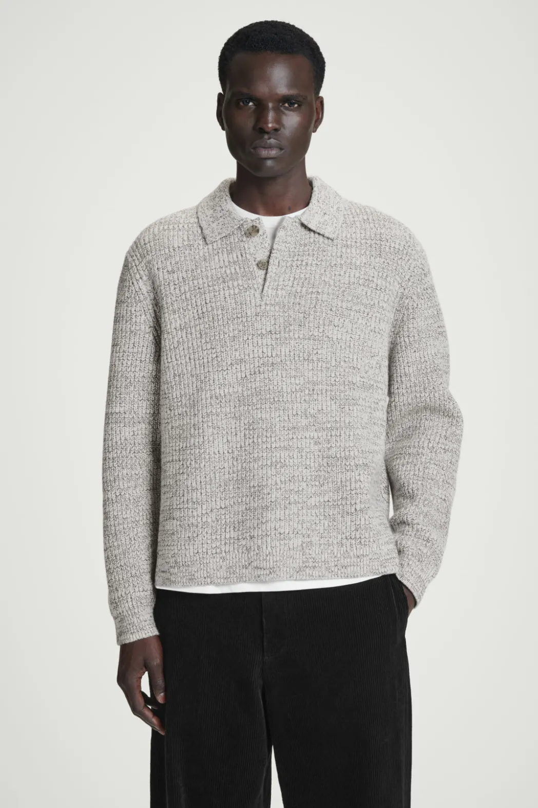 New COS TWISTED-YARN WOOL POLO SWEATER GRAY MÉLANGE