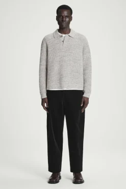 New COS TWISTED-YARN WOOL POLO SWEATER GRAY MÉLANGE