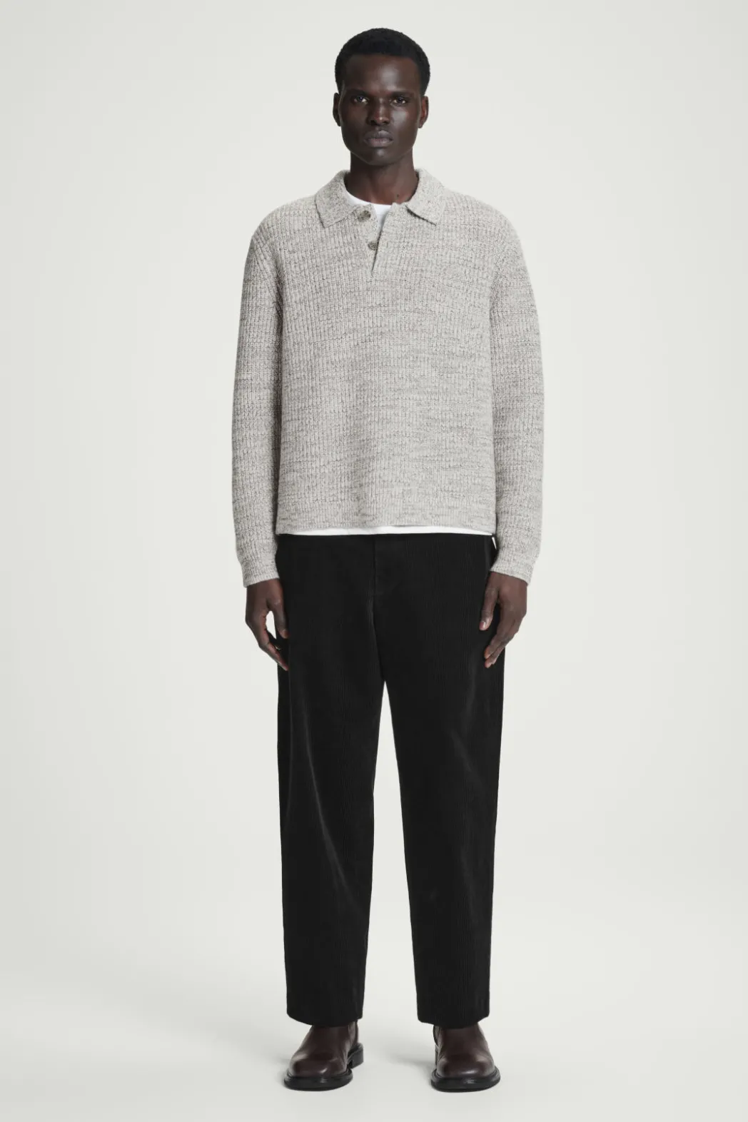 New COS TWISTED-YARN WOOL POLO SWEATER GRAY MÉLANGE