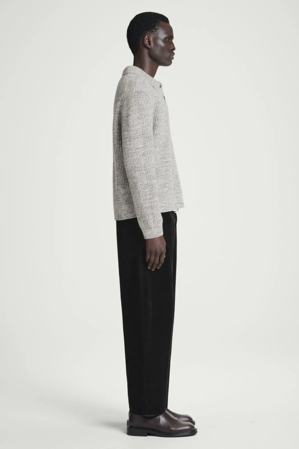 New COS TWISTED-YARN WOOL POLO SWEATER GRAY MÉLANGE